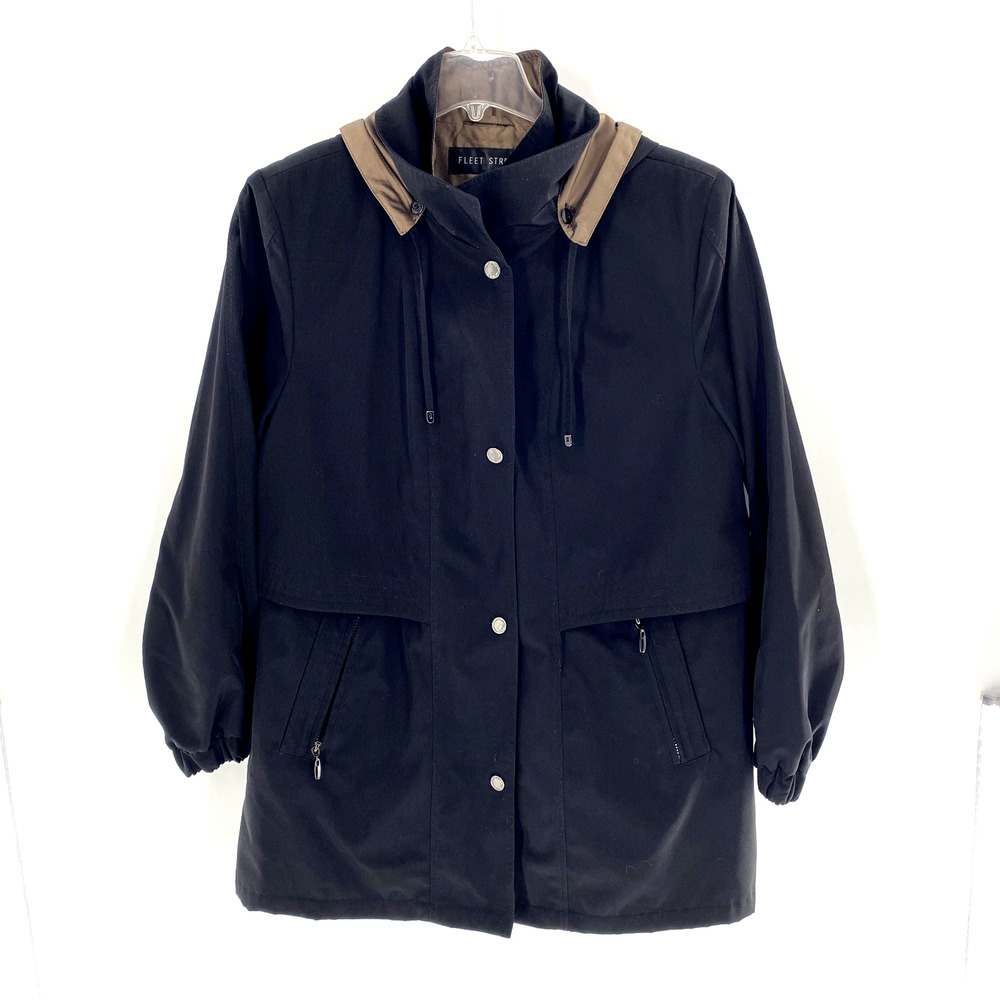 Fleet Street‎ Rain Jacket Coat Mid Length Womens Sz L Wind Resistant Black Tan